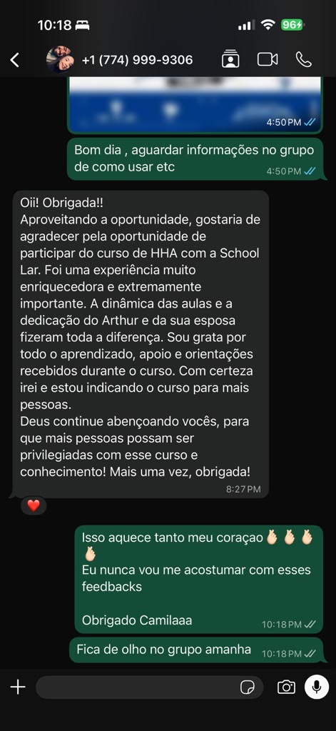 Aluna Camila agradece o Arthur e a esposa pela dedicação nas aulas